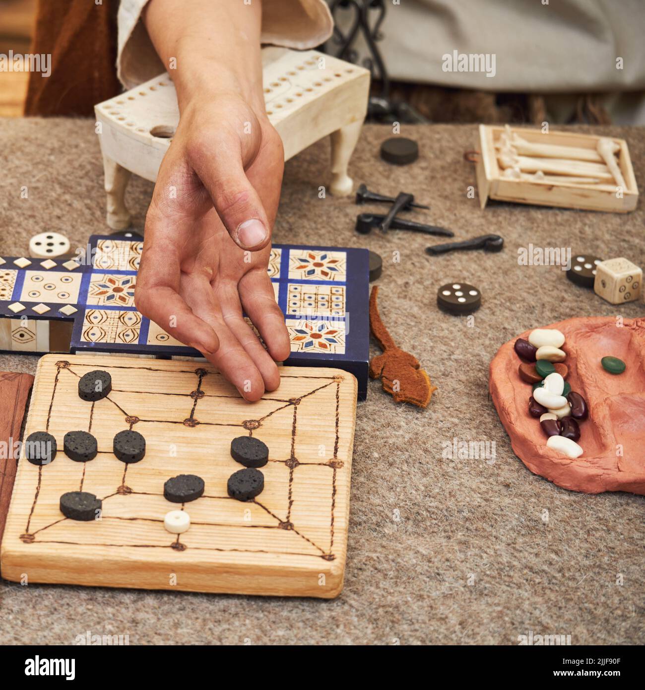 Mill, Kalah and Royal Ur game, popular in ancient Roman. Reconstruction of board games from the Roman Empire Stock Photo