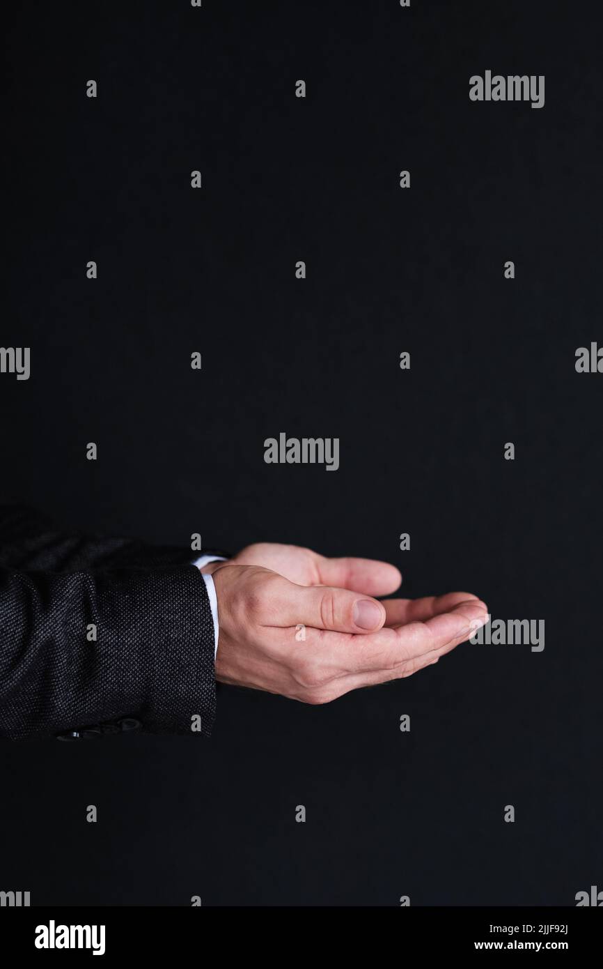 man holding virtual object hand palms empty space Stock Photo