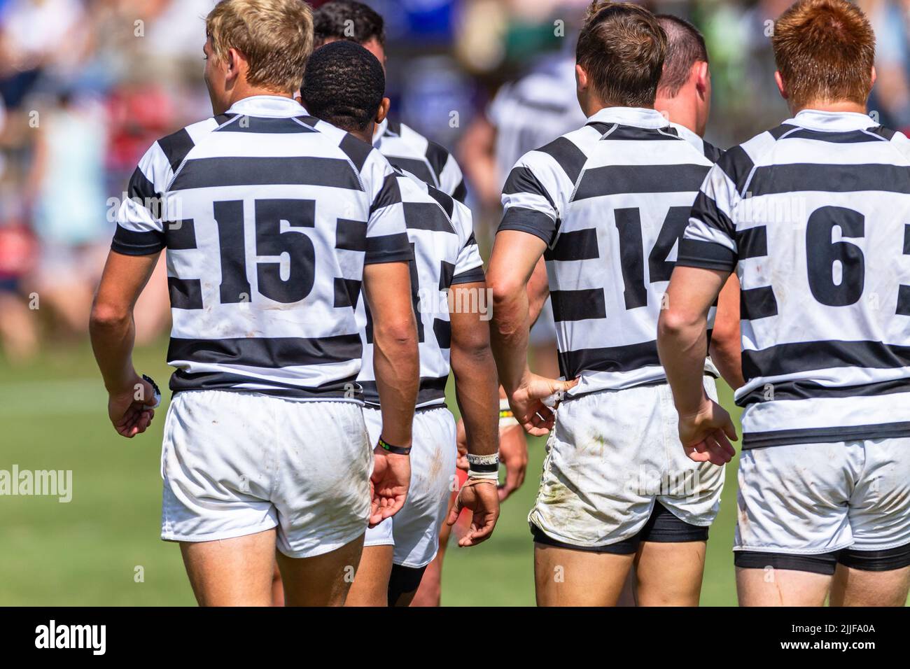 Rugby players walking on game field close up rear behind unrecognizable athletes in the black white team jerseys Stock Photo Alamy