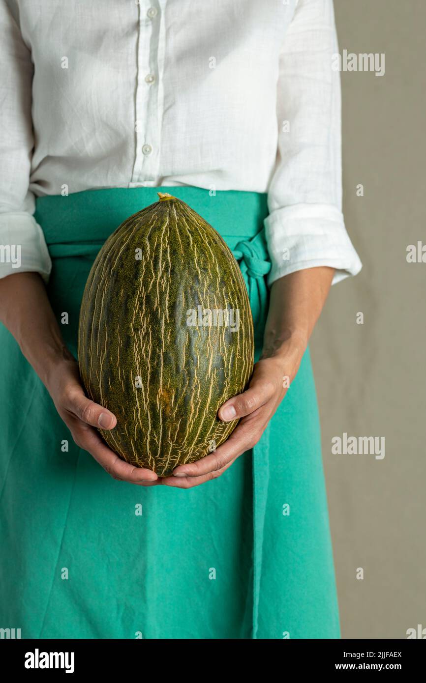 Woman chef holding a green melon - stock photo Stock Photo