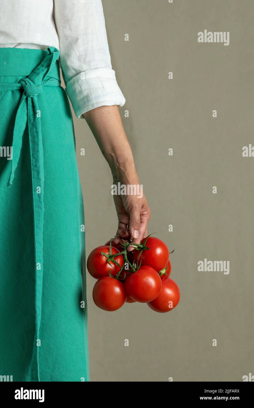 Woman holding bunch of vine tomatoes - stock photo Stock Photo