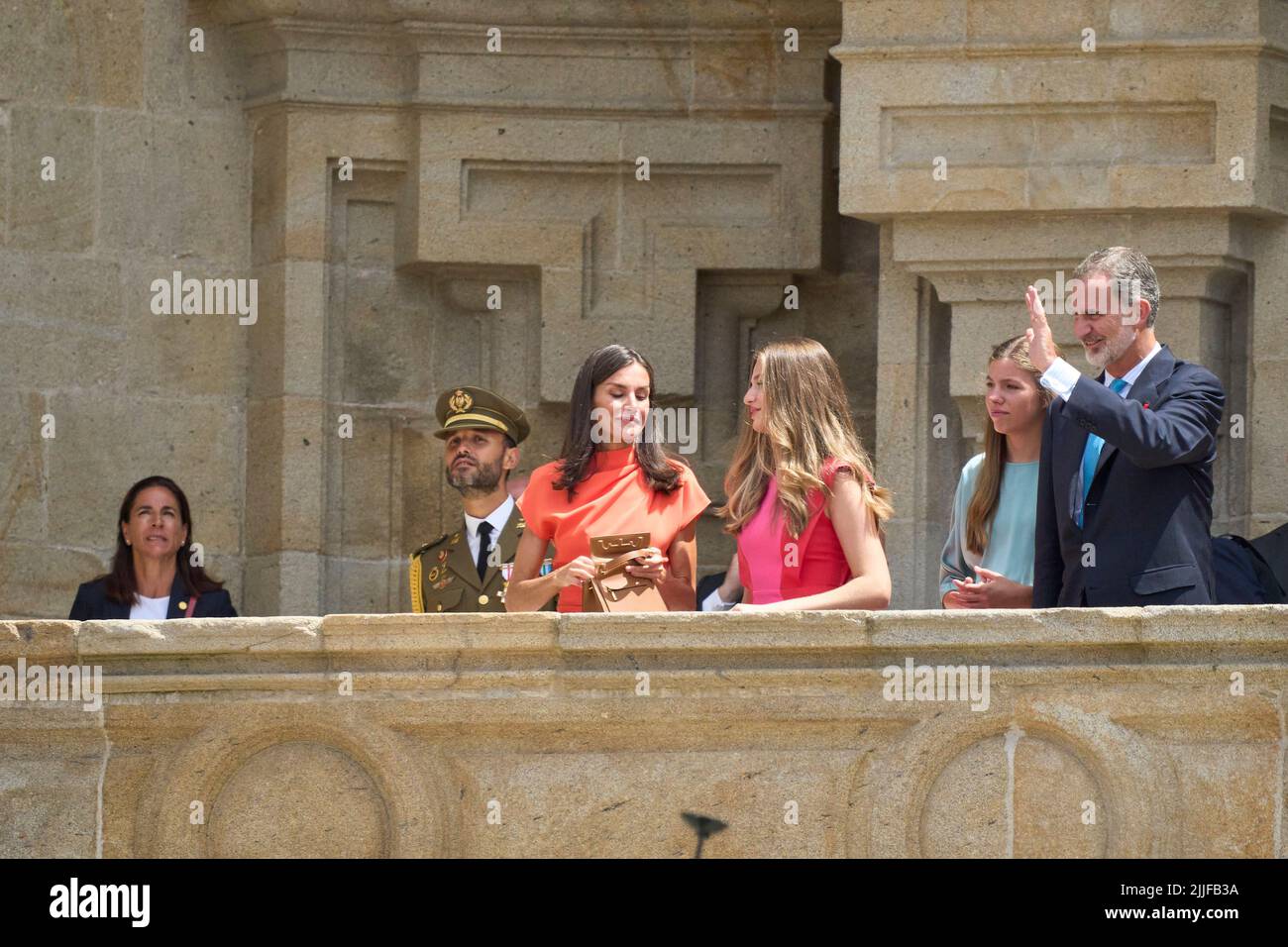 Santiago de Compostela. Spain. 20220725,  King Felipe VI of Spain, Queen Letizia of Spain, Crown Princess Leonor, Princess Sofia visit Santiago de Compostela during National Offering to the Apostle at Cathedral of Santiago de Compostela on July 25, 2022 in Santiago de Compostela, Spain Stock Photo