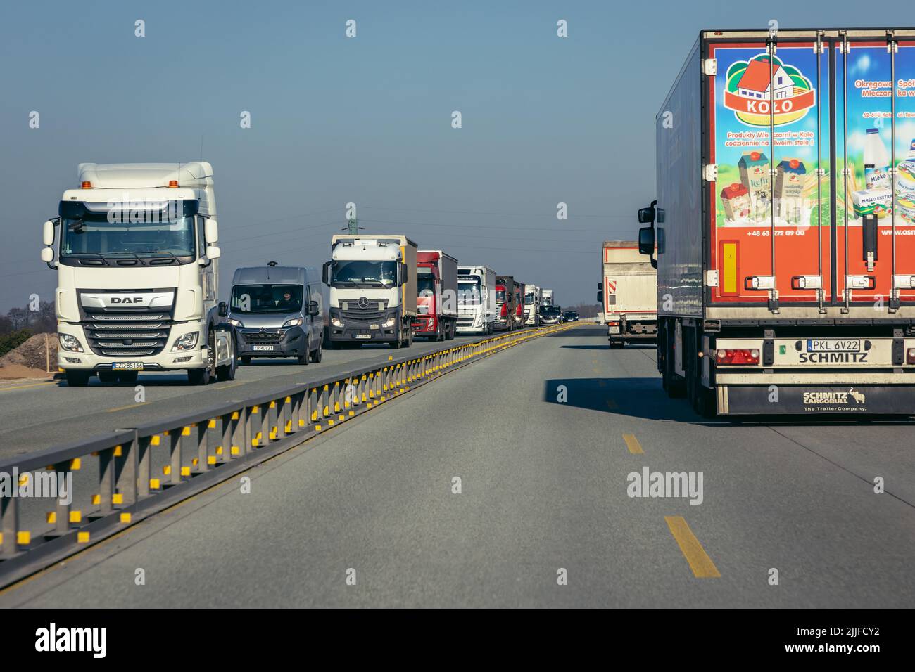 Trucks on D1 motorway near Ostrava city in Czech Republic, capital of the Moravian-Silesian Region Stock Photo
