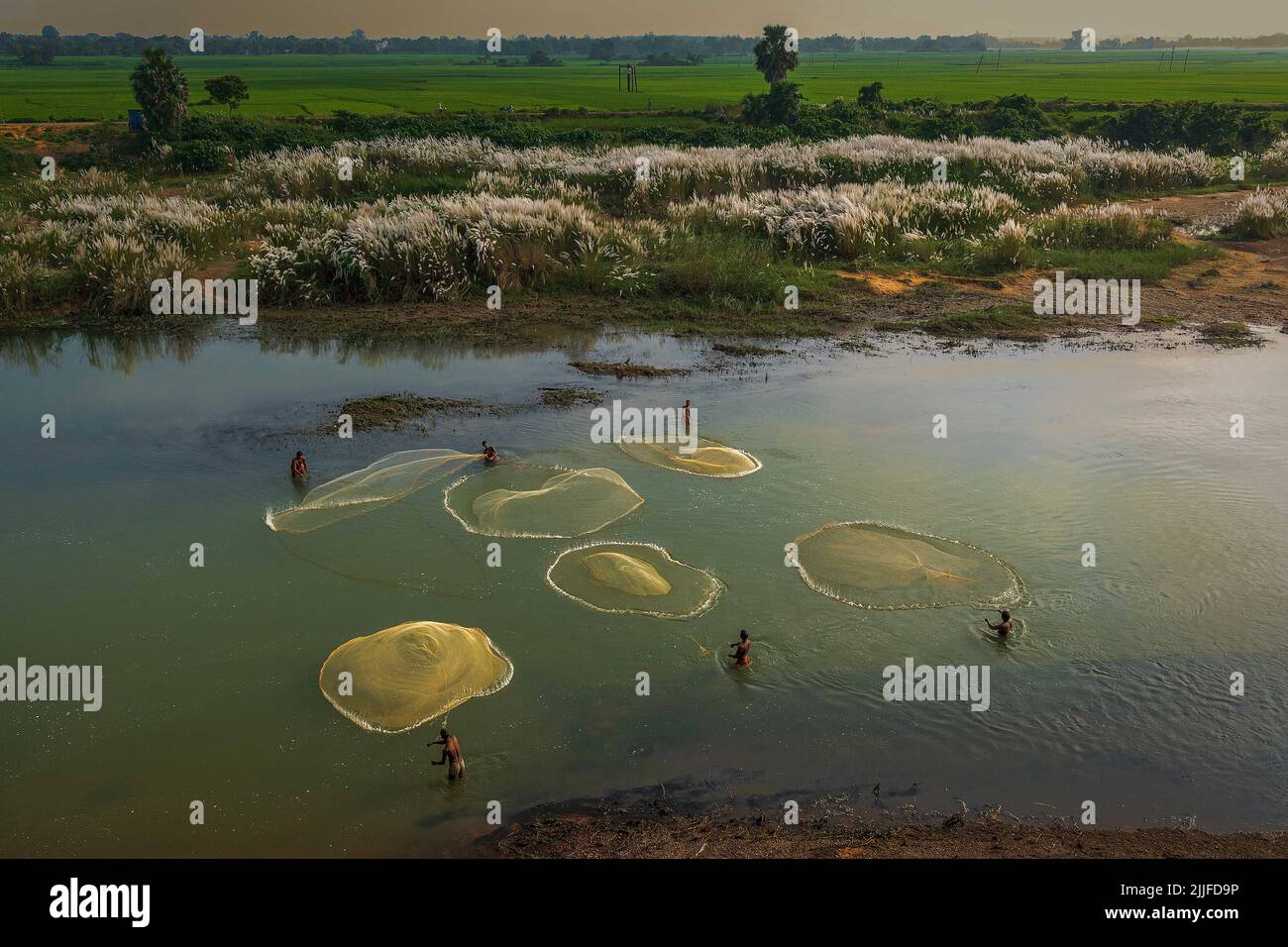 Shibasish captured some photos with a drone. West Bengal, India: IMAGES show the beautifully intricate fishing practices in India with methods varying Stock Photo