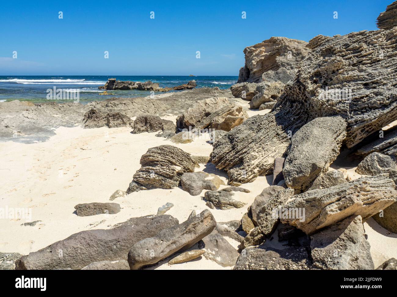 Eroded limestone rocks Cape Mentelle Margaret River coastline Western Australia. Stock Photo