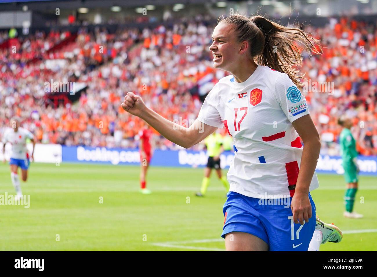 SHEFFIELD, UNITED KINGDOM - JULY 17: Romee Leuchter of the Netherlands  celebrates after scoring his sides second goal during the Group C - UEFA  Women's EURO 2022 match between Switzerland and Netherlands