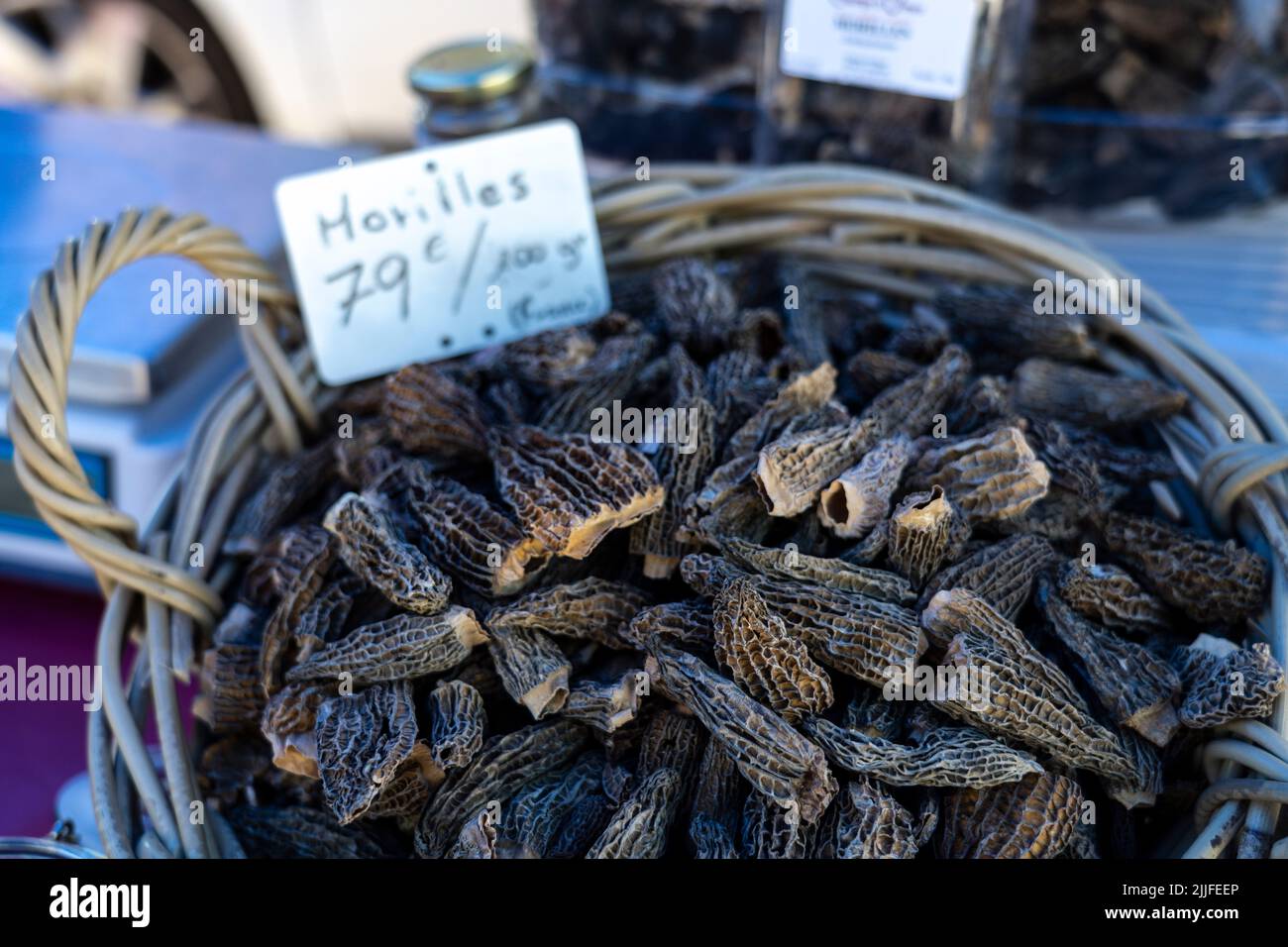 Morchella, weekly outdoor market, Foix, department of Ariège, Occitanie, Pyrenean mountain range, France Stock Photo