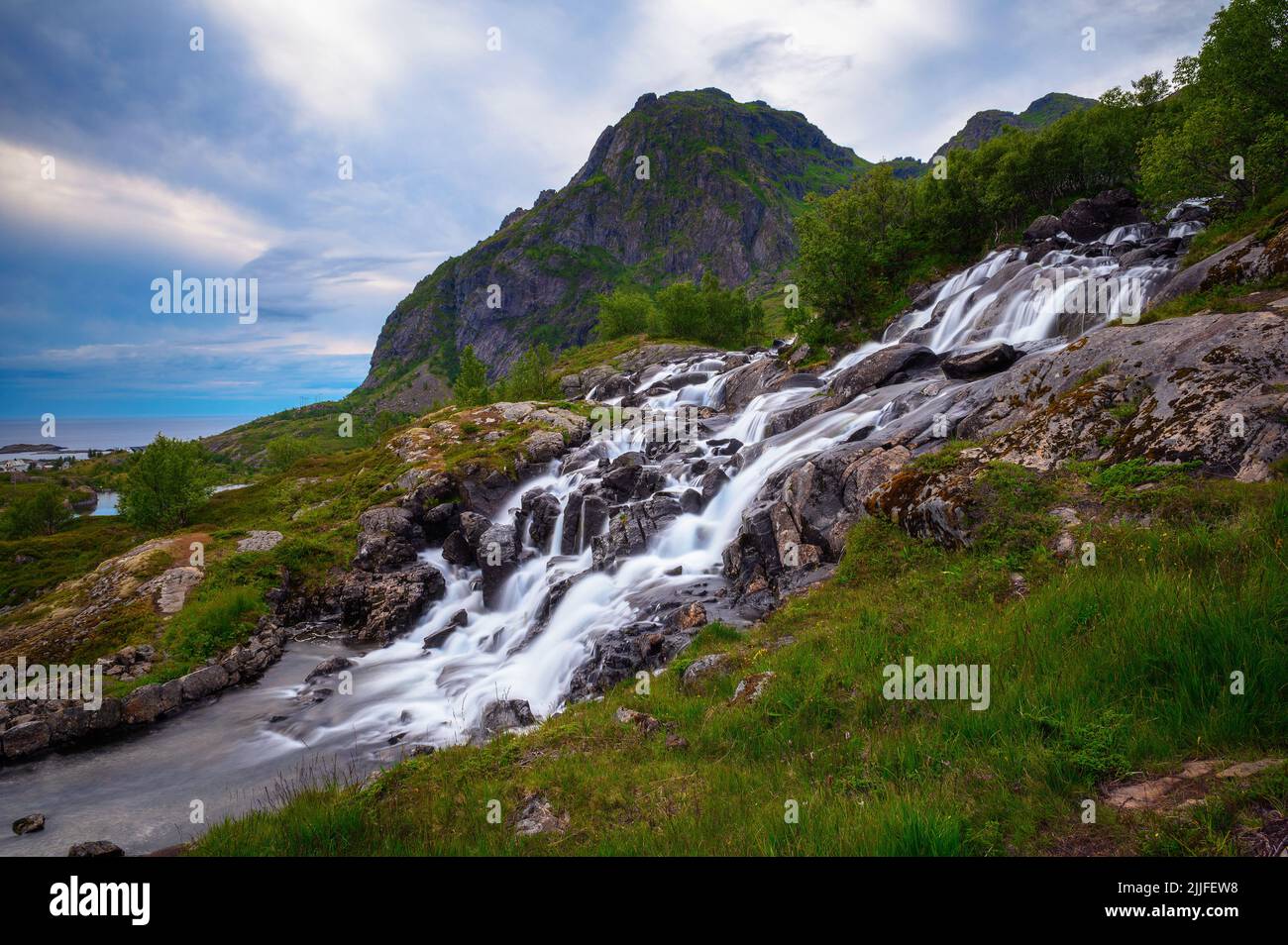 Lofoten waterfall on Moskenesoya, Lofoten, Norway Stock Photo