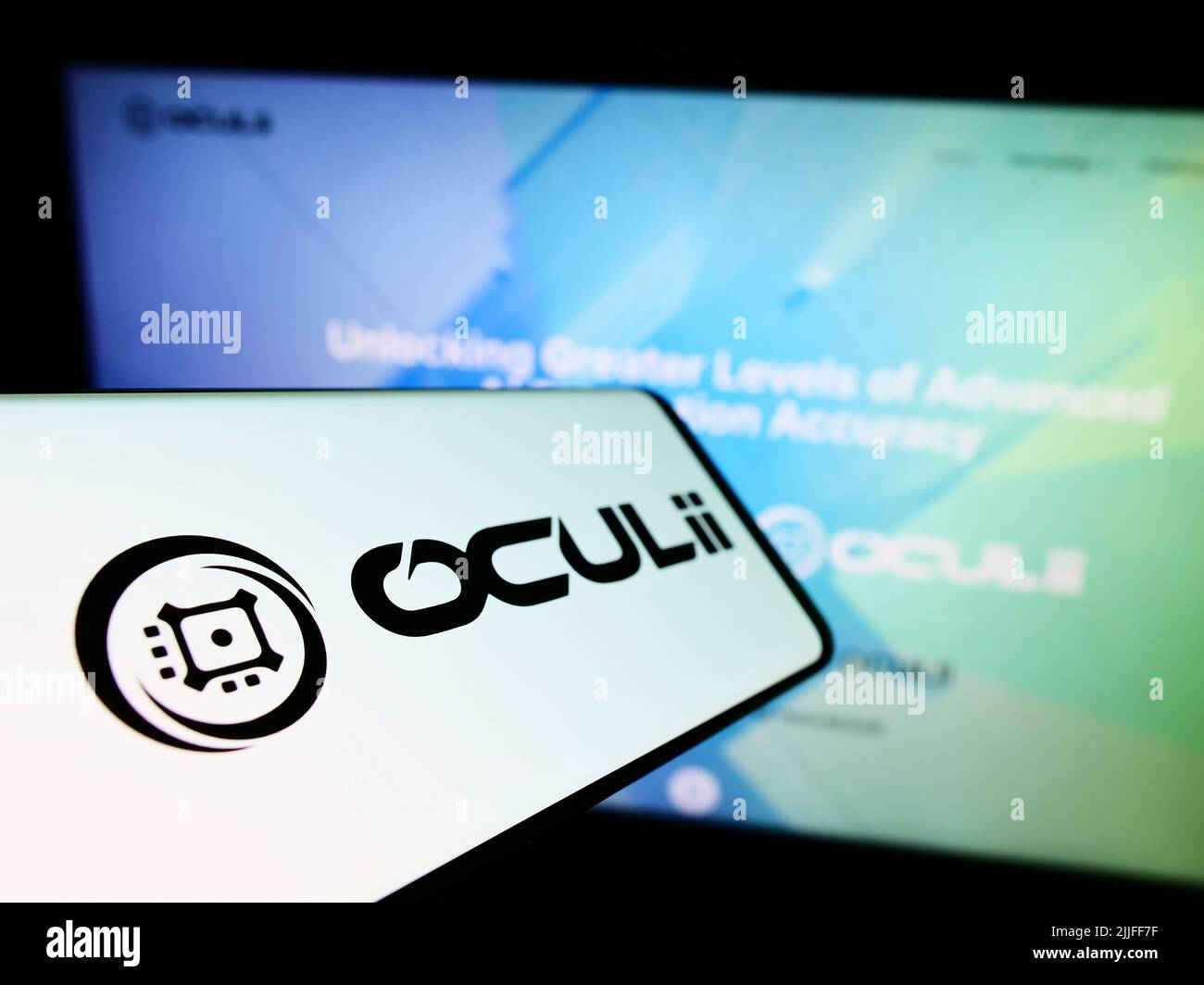 Smartphone with logo of American radar technology company Oculii on screen in front of business website. Focus on center-left of phone display. Stock Photo