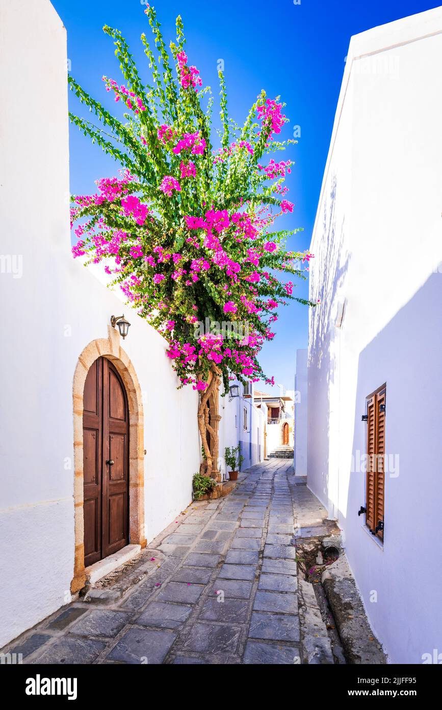 Rhodes, Greece. Idyllic narrow cobblestone paved street in downtown of Lindos, beautiful Greek travel background. Stock Photo