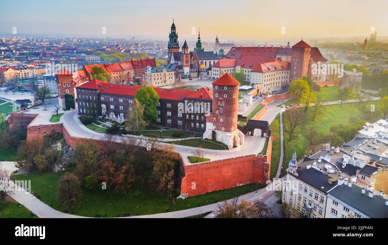 Krakow, Poland. Aerial drone view of Wawel Hill, Cathedral, Royal Wawel Castle and defensive walls. Vistula riverbank. Stock Photo