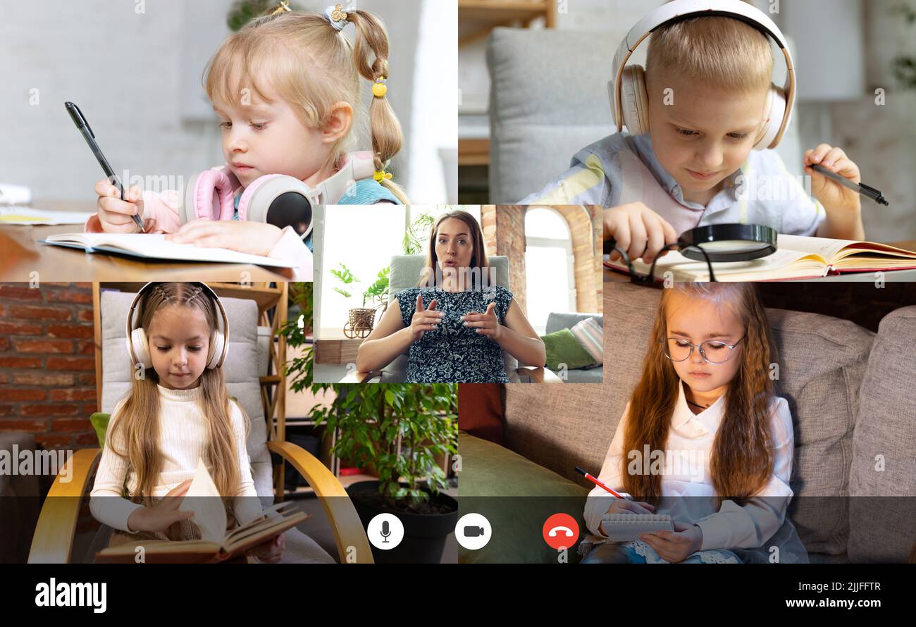 Group of different kids studying online by group video call, use video  conference with each other and teacher. PC screen view with application ad  Stock Photo - Alamy