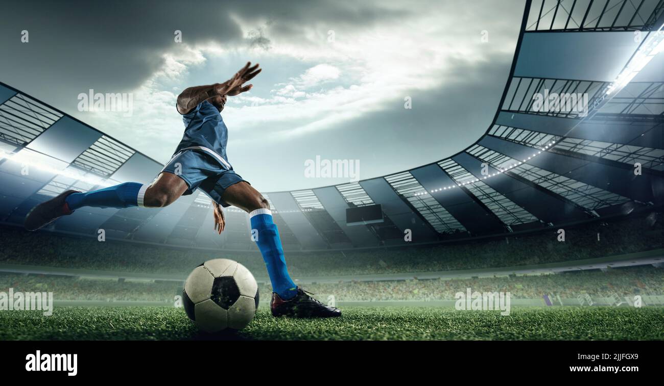 Collage with running soccer, football player at stadium during football ...