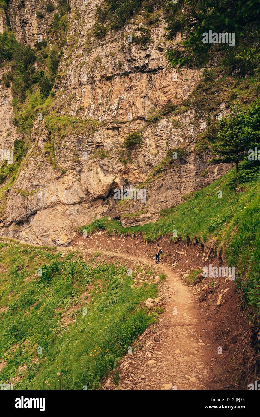 A vertical shot of a woman hiking in the Appenzell Alps in Switzerland Stock Photo