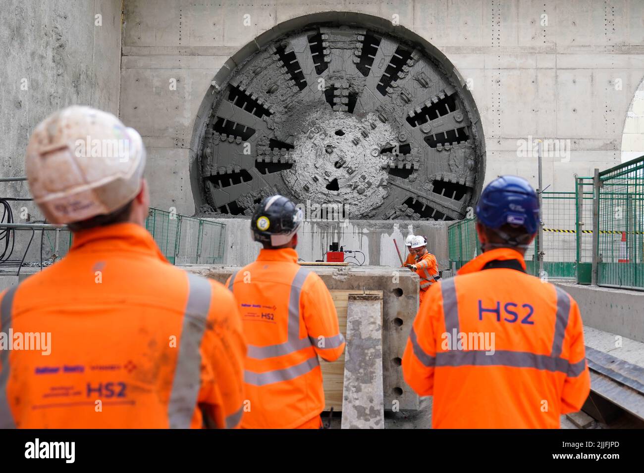 Construction workers for HS2 stand by the 2,000tonne tunnel boring