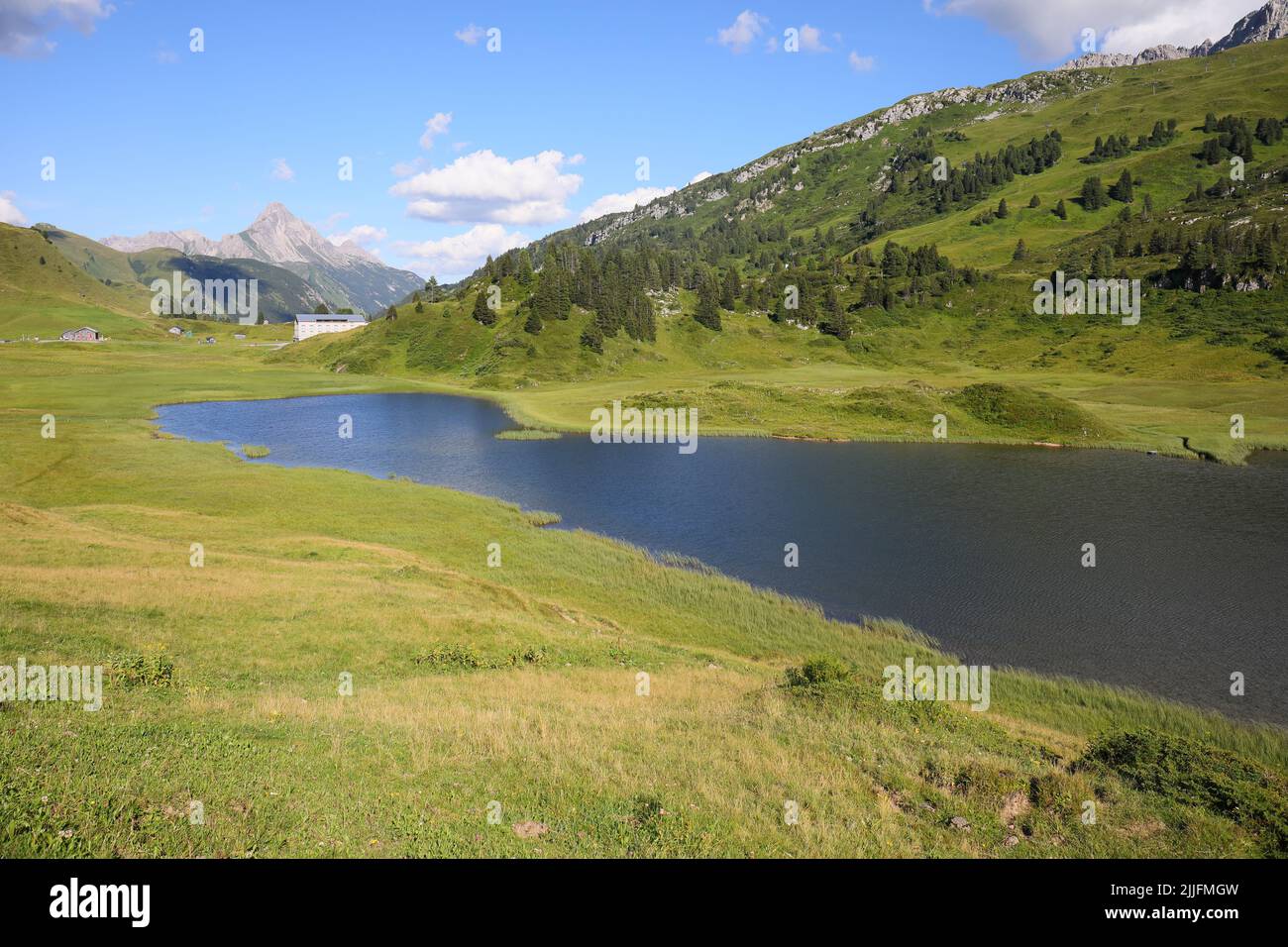 The alpine Austrian lake Kalbelesee in Hochtannbergpass, Bundesland Vorarlberg Stock Photo