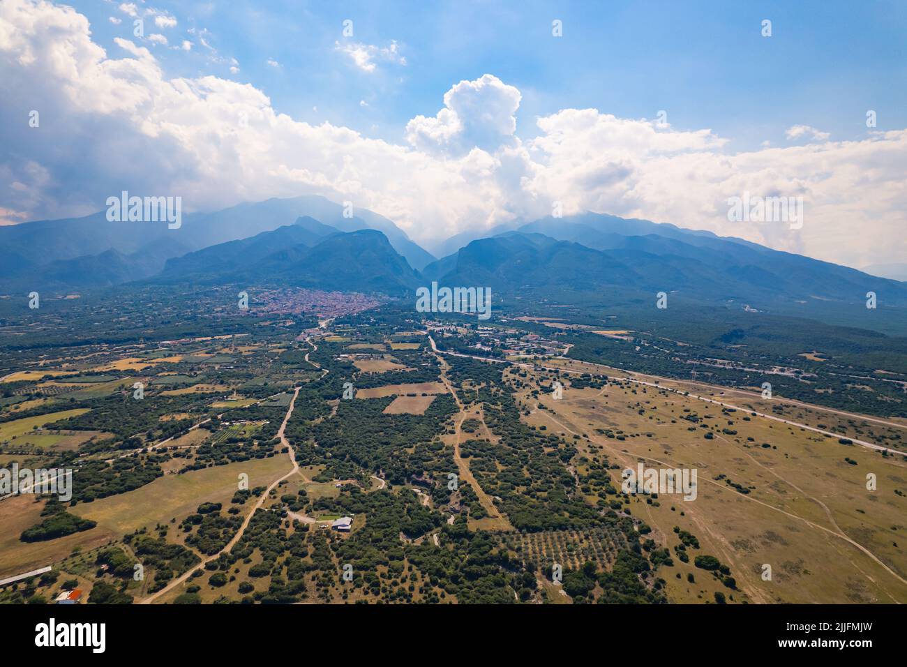 Drone aerial view of famous Mt. Olympus. Greek mythology in real life. Summer destinations concept. High quality photo Stock Photo