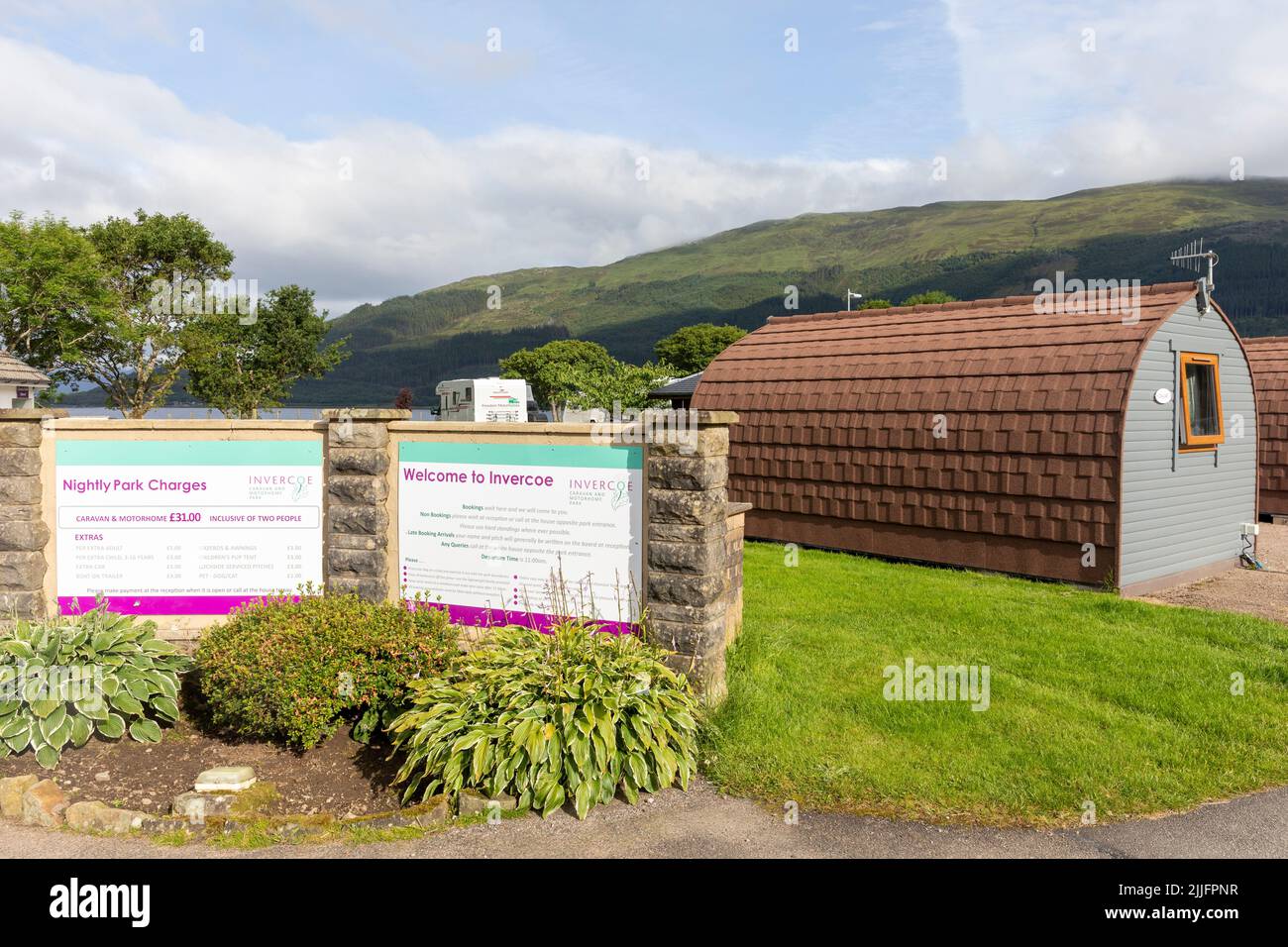 Mini lodges accommodation at Invercoe caravan and motorhomes site in Glencoe. western Scotland highlands,Scotland,UK Stock Photo