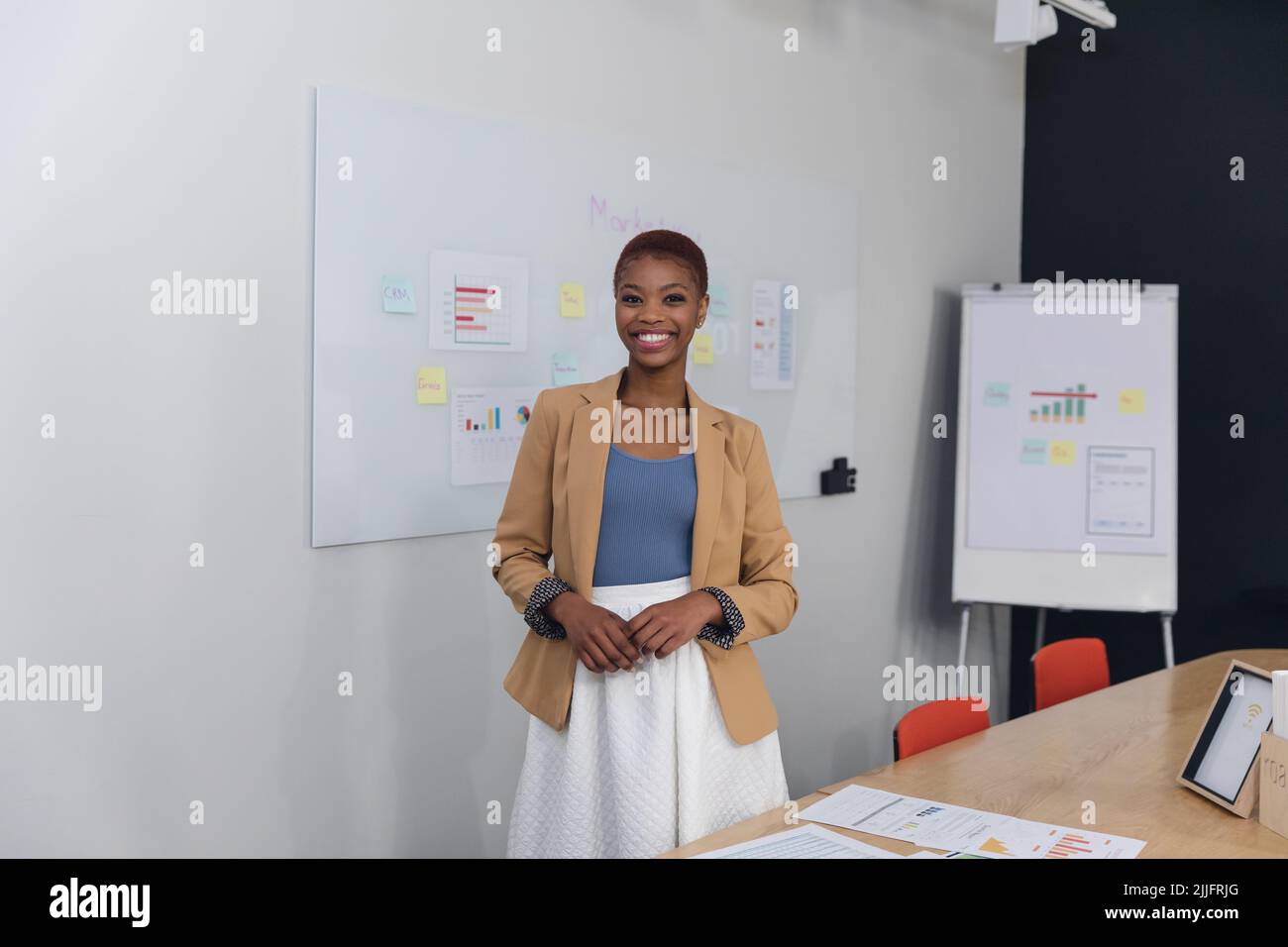 Portrait of smiling african american young businesswoman standing ...