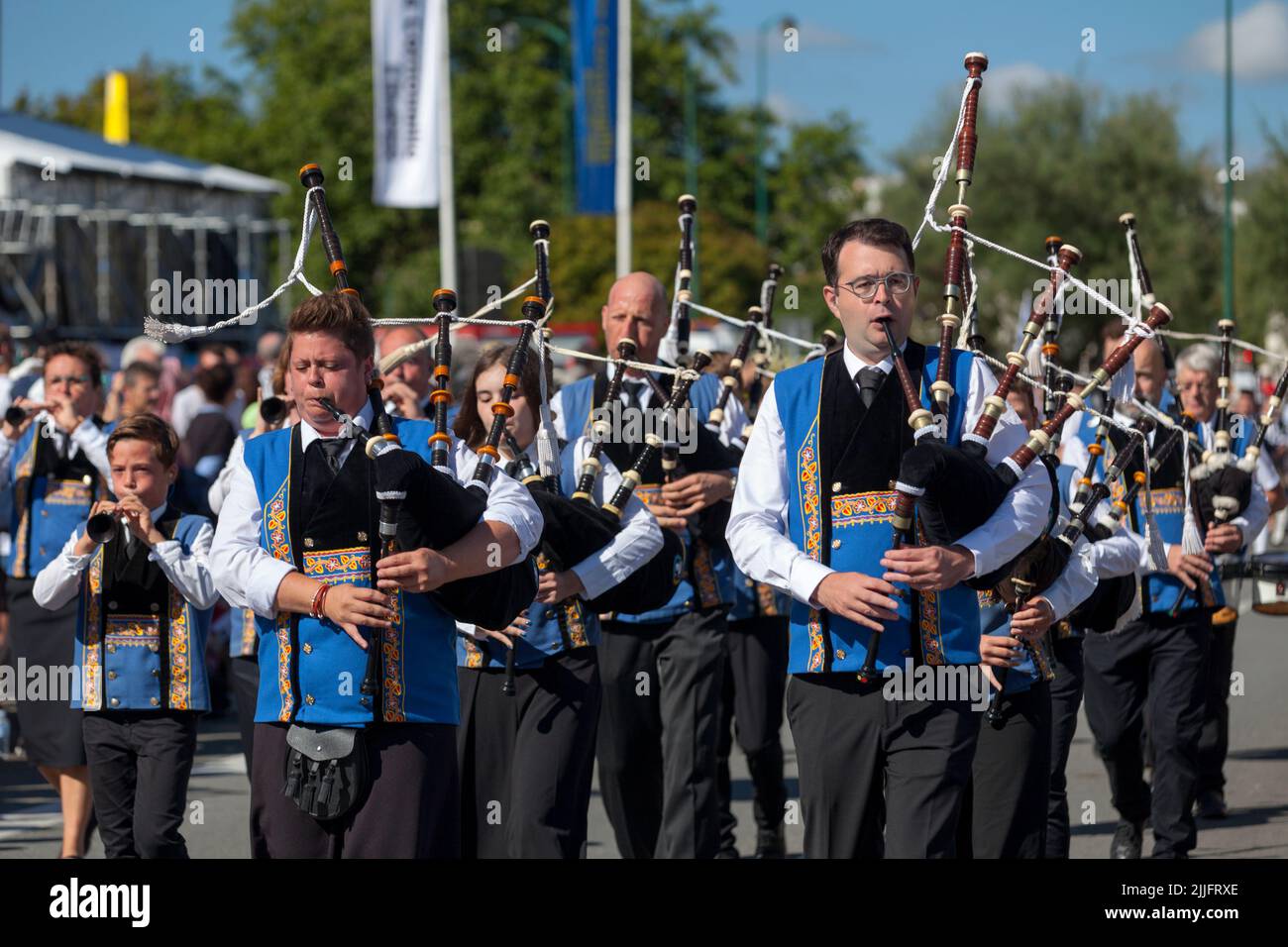 Quimper, France - July 24 2022: Musicians of the Bagad Ergué-Armel performing during the Cornouaille festival. Stock Photo