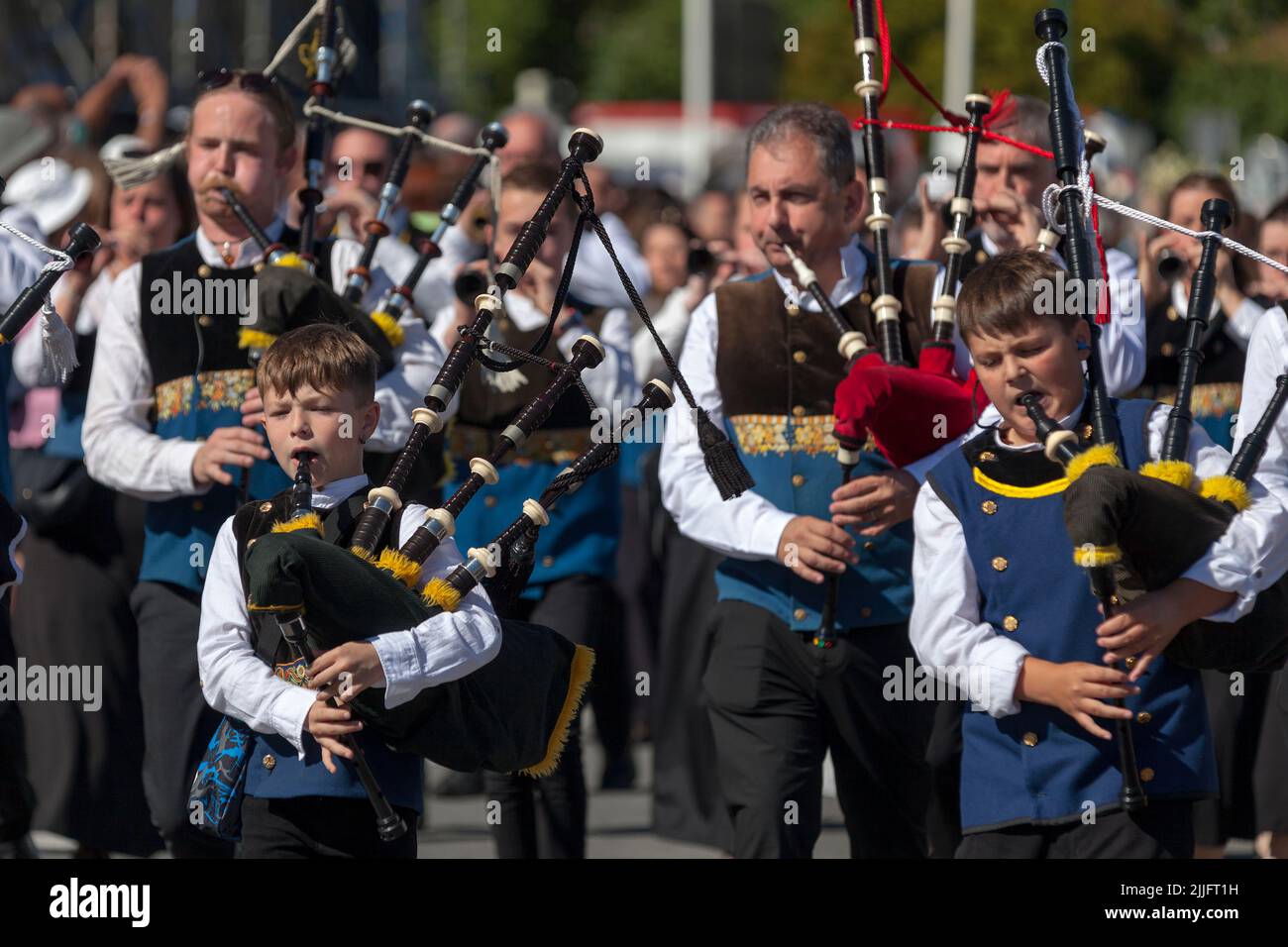 Quimper, France - July 24 2022: Musicians of the Bagad Penhars playing during the Cornouaille festival. Stock Photo