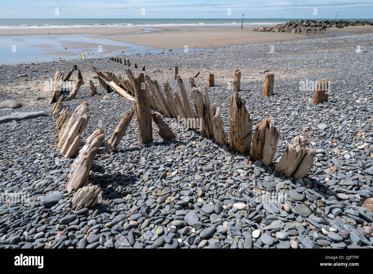 The wooden ribs of an old ship half-buried in the beach at Borth, Ceredigion, Wales Stock Photo
