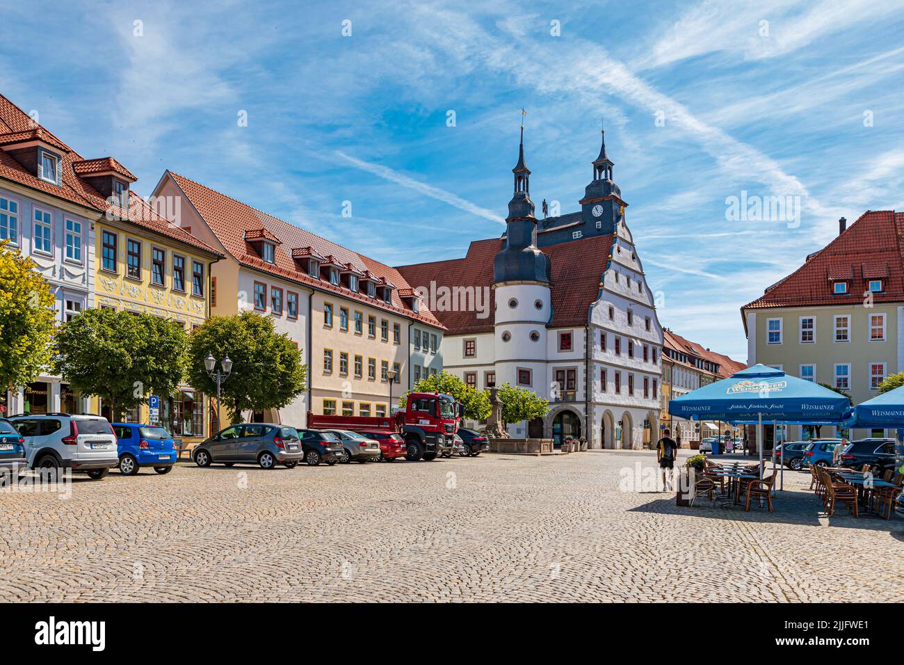 HILDBURGHAUSEN, THURINGIA, GERMANY - CIRCA JULY, 2022: The Market and Rathaus of Hildburghausen town, Germany. Stock Photo
