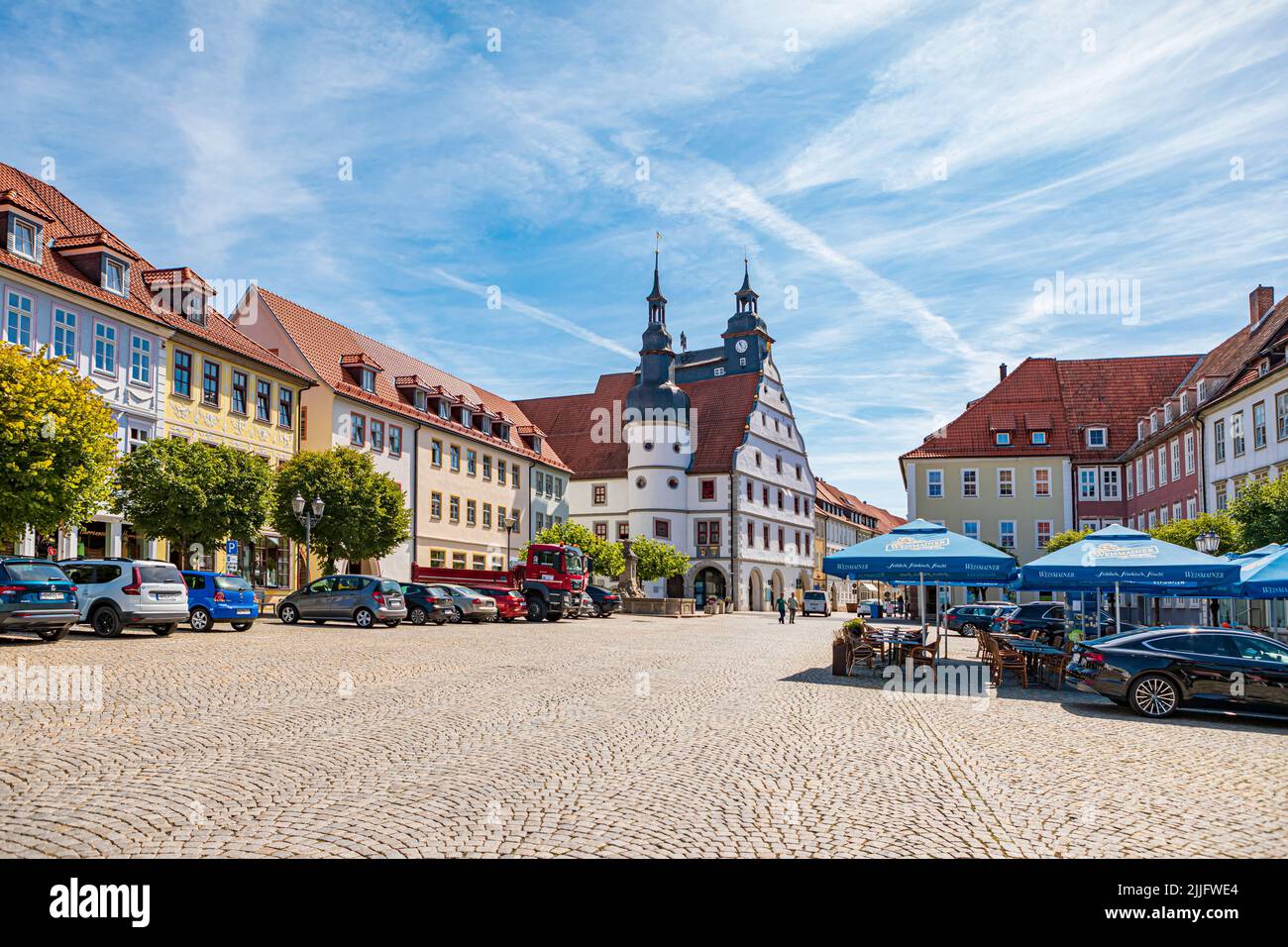 HILDBURGHAUSEN, THURINGIA, GERMANY - CIRCA JULY, 2022: The Market and Rathaus of Hildburghausen town, Germany. Stock Photo