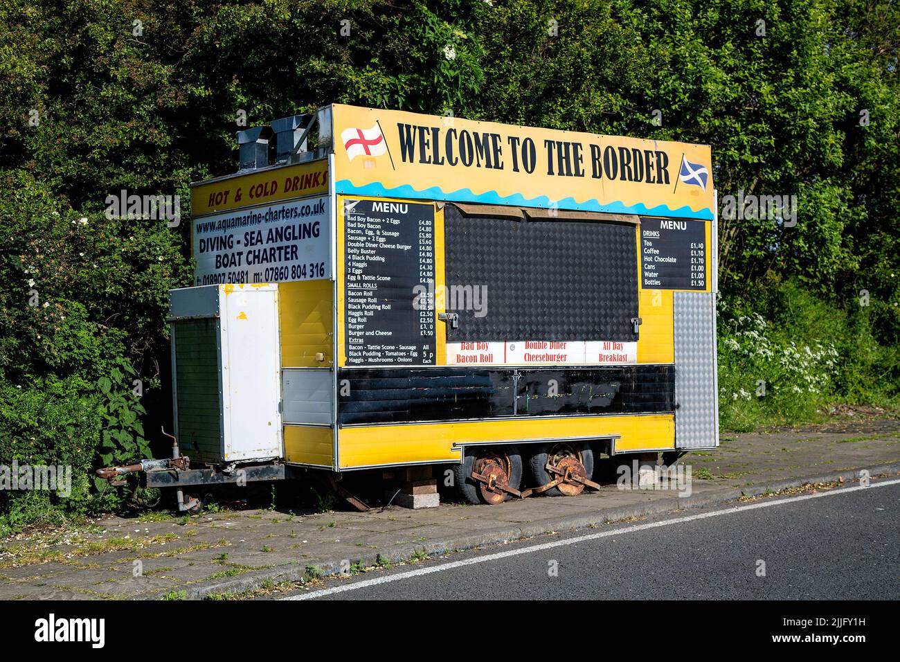 A mobile cafe parked on the A1 trunk road at the border of Scotland and England, UK. Stock Photo