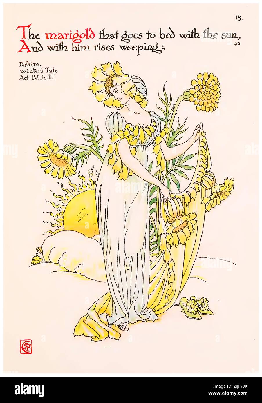 Marigold (Perdita) from the illustrated book 'Flowers from Shakespeare's garden', illustration by Walter Crane, 1909 Stock Photo
