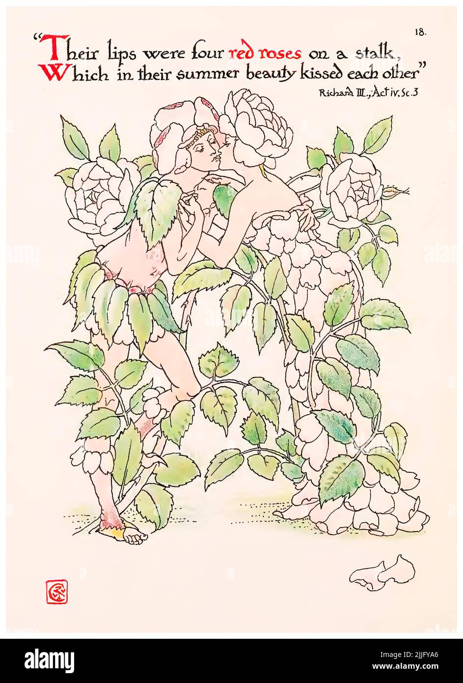 Red Roses (Richard III) from the illustrated book 'Flowers from Shakespeare's garden', illustration by Walter Crane, 1909 Stock Photo