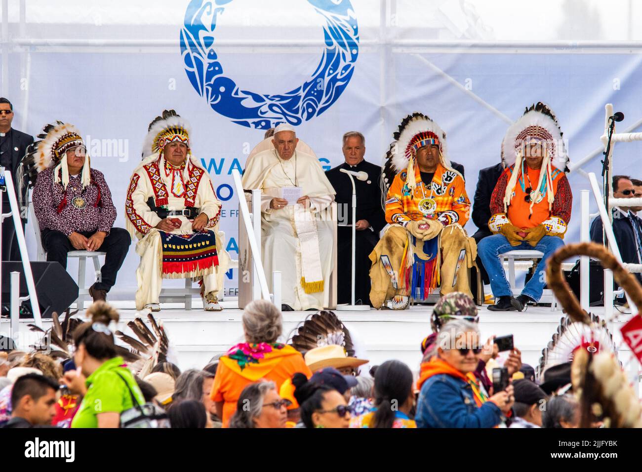Maskwa Park, Canada. 25th July, 2022. Pope Francis sits in between the ...