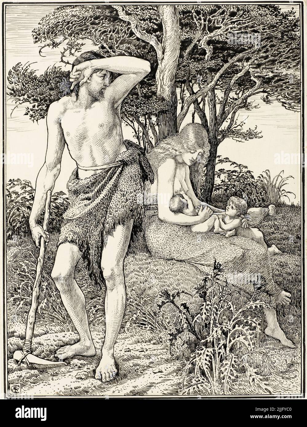 Adam and Eve, drawing in pen and ink by Walter Crane, before 1915 Stock Photo