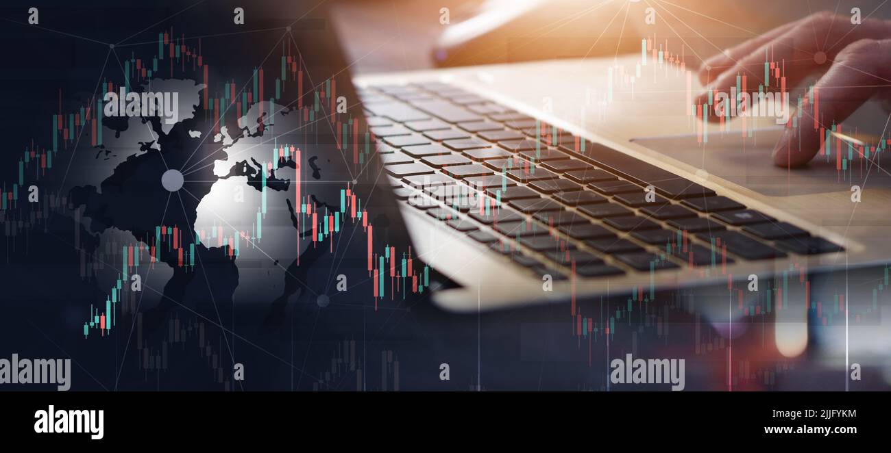 finance market trading on laptop. mixed media crypto and stock currency trading banner Stock Photo