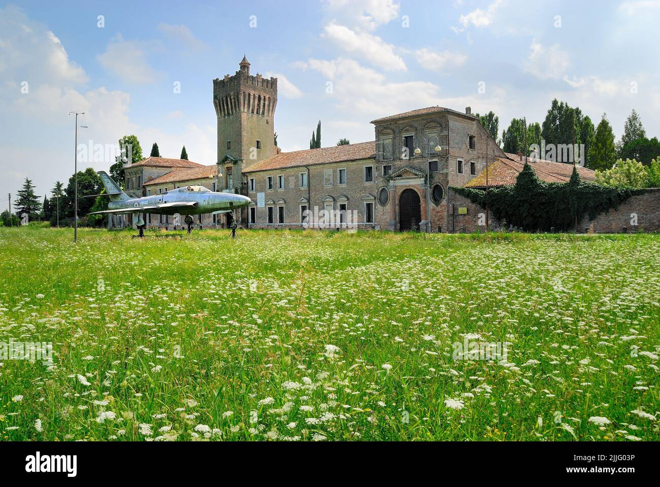 Due Carrare, Veneto, Italy. San Pelagio castle. The castle houses the museum of flight. During WWI Italian planes took off from the meadow. The castle hosted Gabriele D'Annunzio who took off from this airfield to complete the feat of flying over Vienna. On the field an airplane Republic RF-84F Thunderflash. Stock Photo