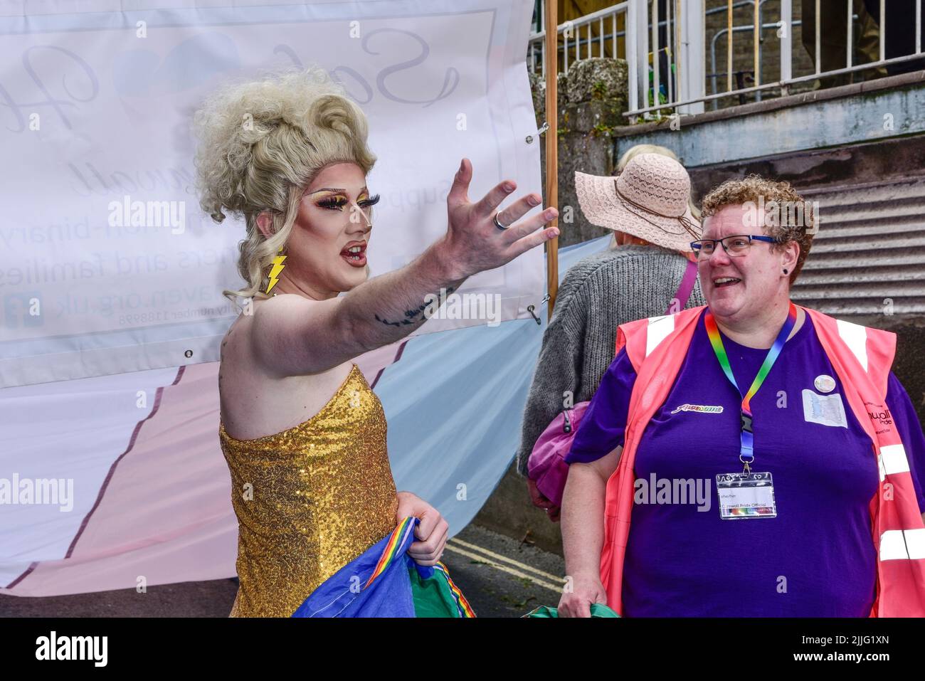 The vibrant colourful Cornwall Prides Pride parade in Newquay Town centre in the UK. Stock Photo