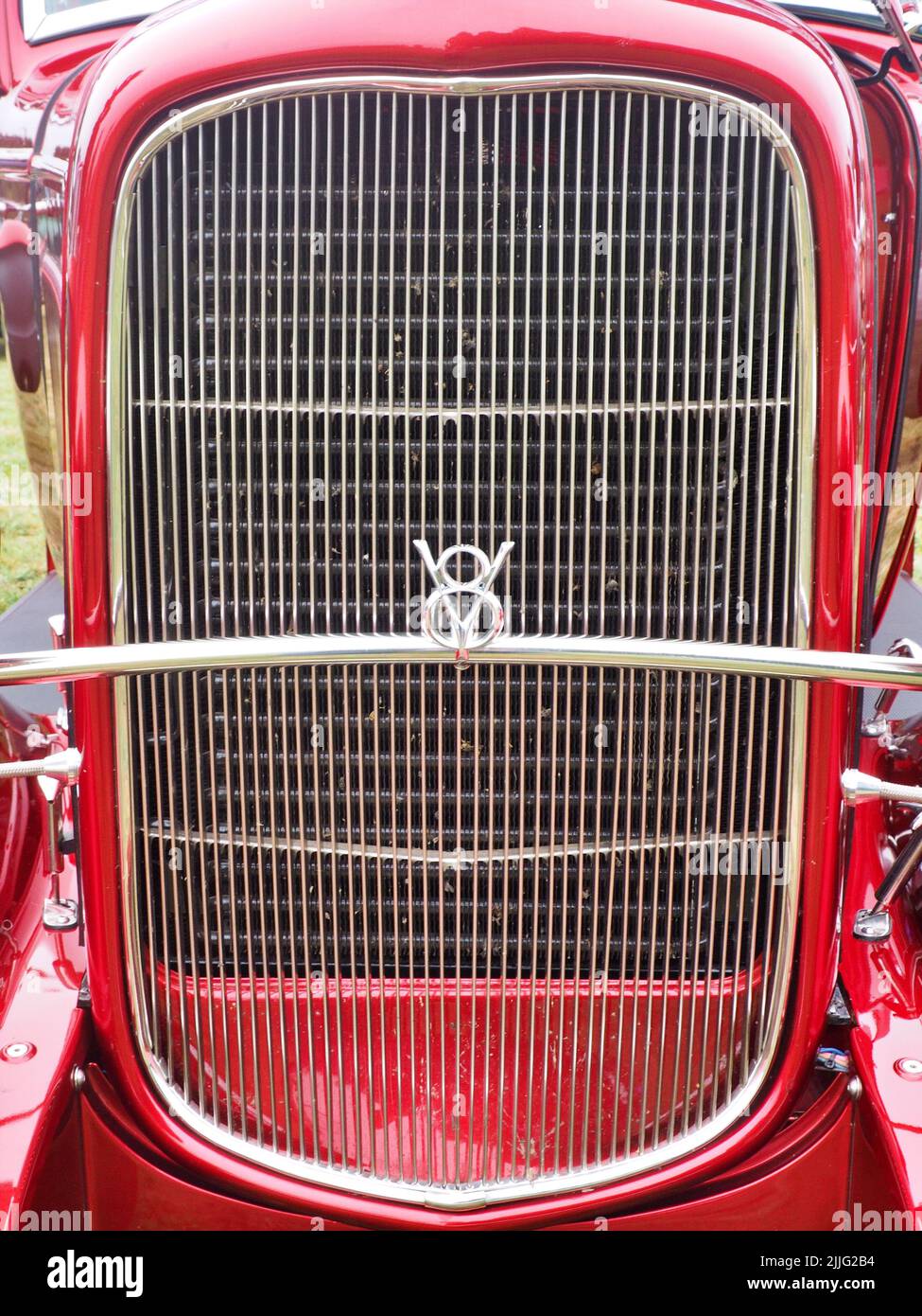 A red classic vintage car hood detail at Hooligans Emerald City