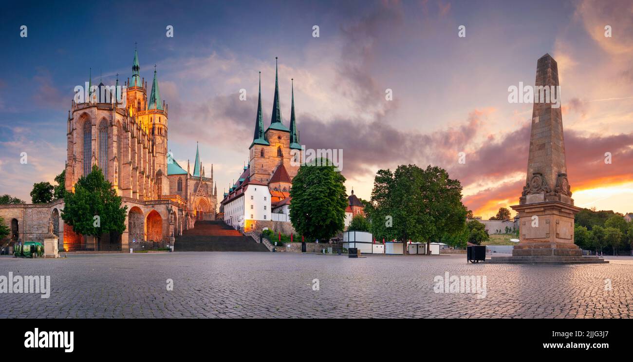 Erfurt, Germany. Cityscape image of downtown Erfurt, Germany with Erfurt Cathedral at summer sunset. Stock Photo