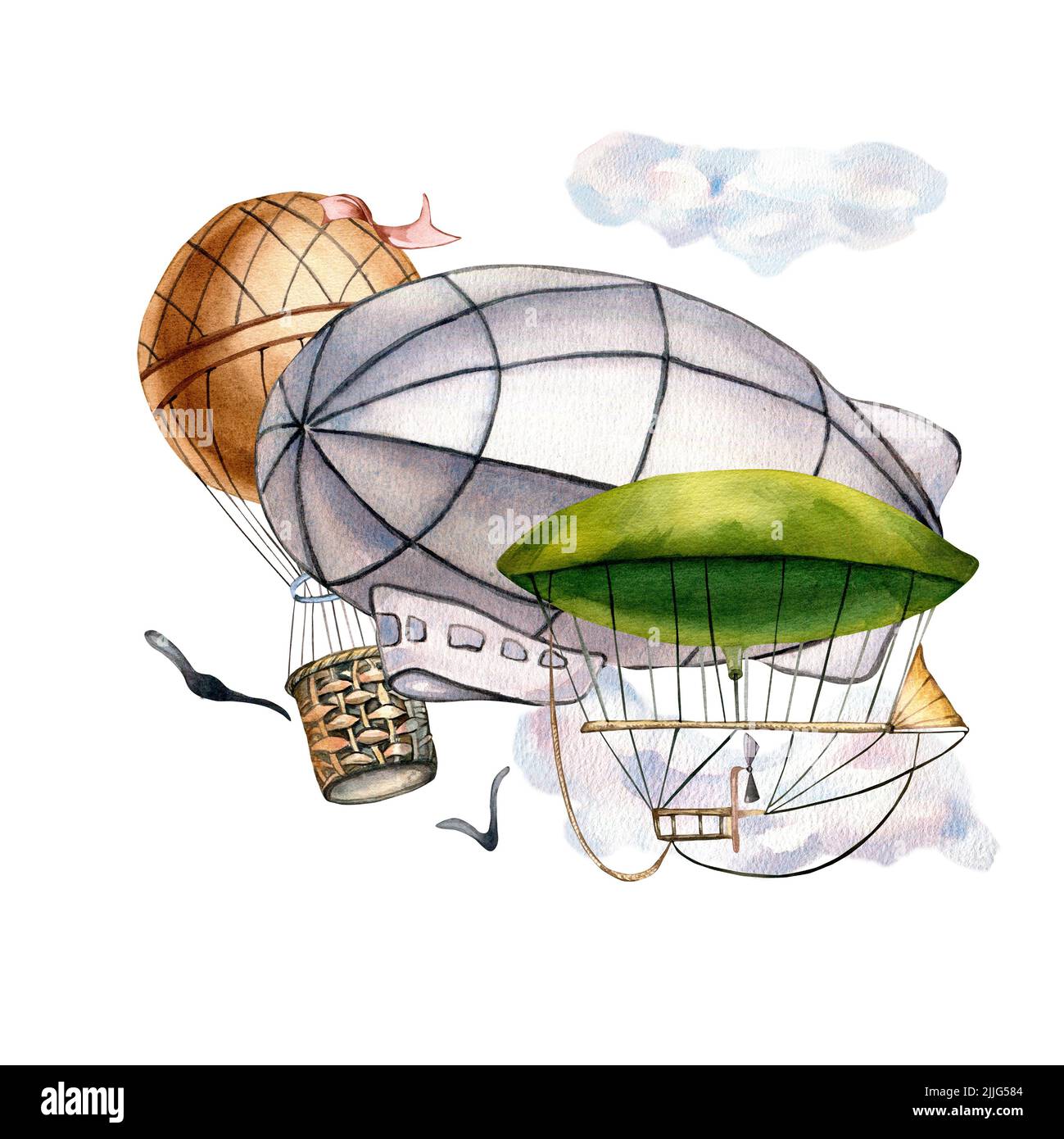 Composition of vintage aerostats watercolor illustration isolated on white background. Retro dirigible, hot air balloon in the clouds hand drawn. Desi Stock Photo