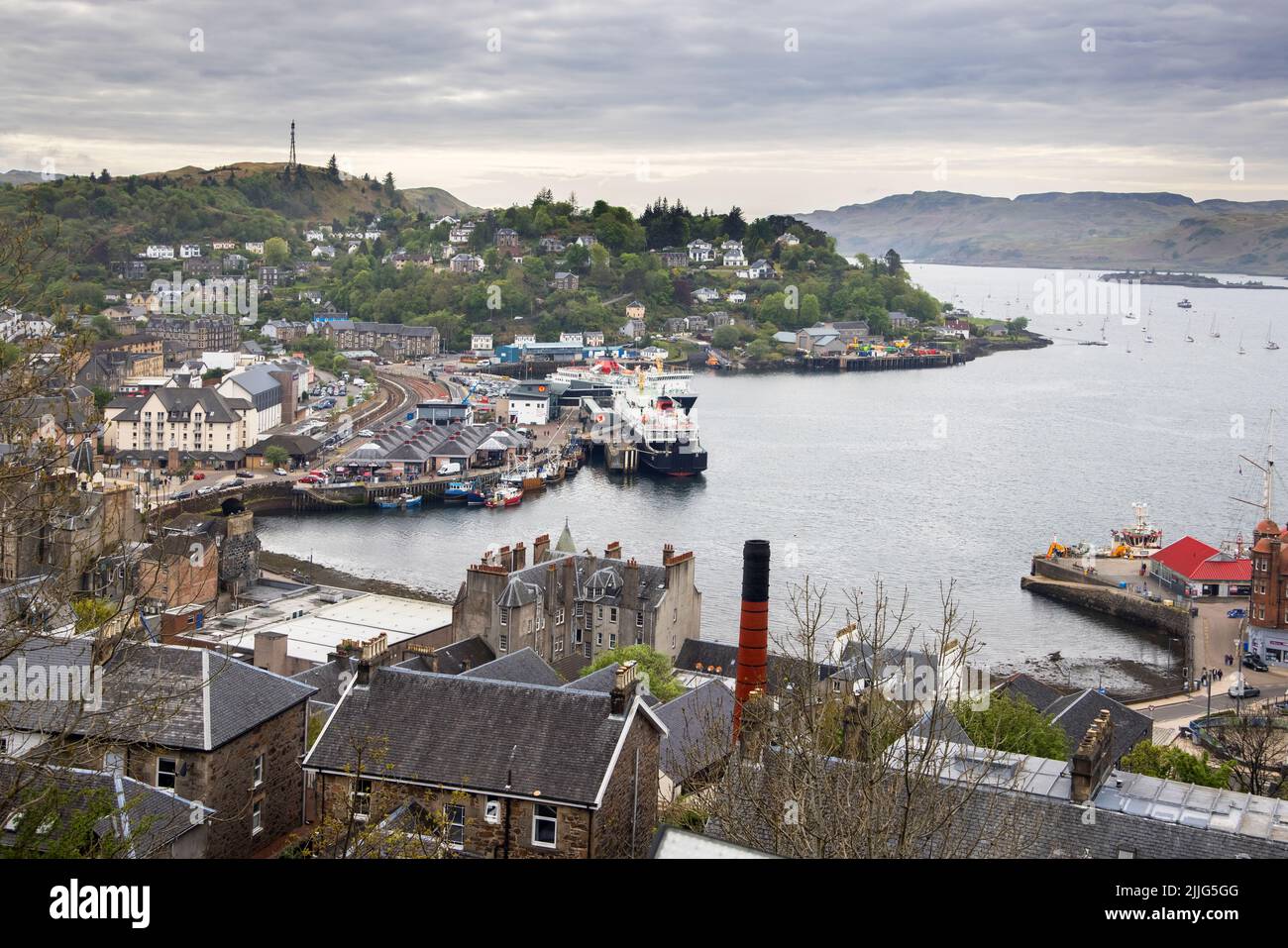 views of the harbour area from mcCaigs tower above oban on the west coast of scotland Stock Photo