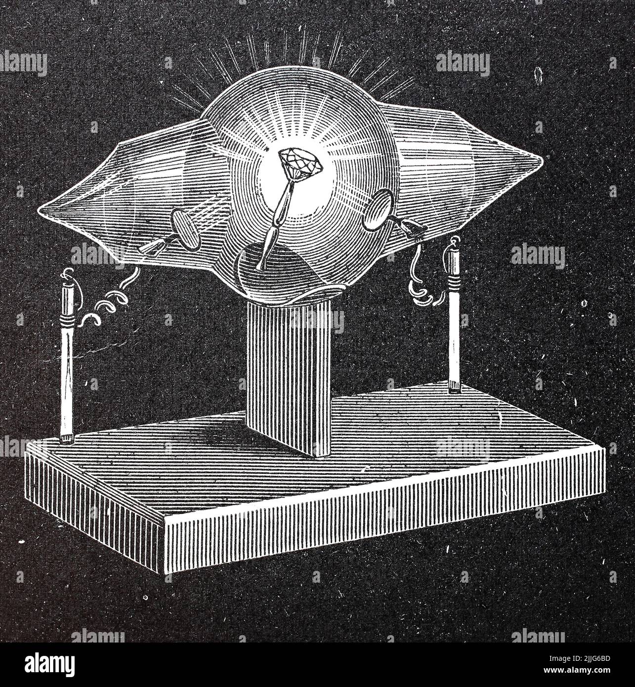 Schattenkreuzröhre, eine Form der Elektronenröhre, vom Physiker Sir William Crookes 1879 erfunden und wird daher auch Crookes-Röhre genannt. Sie dient dem Studium der Kathodenstrahlen, hier mit einem phosphoreszierenden Diamanten, 1880  /  Shadow cross tube, a form of electron tube, invented by physicist Sir William Crookes in 1879 and therefore also called Crookes tube. It is used for the study of cathode rays, here with a phosphorescent diamond, 1880, Historisch, historical, digital improved reproduction of an original from the 19th century / digital restaurierte Reproduktion einer Originalv Stock Photo