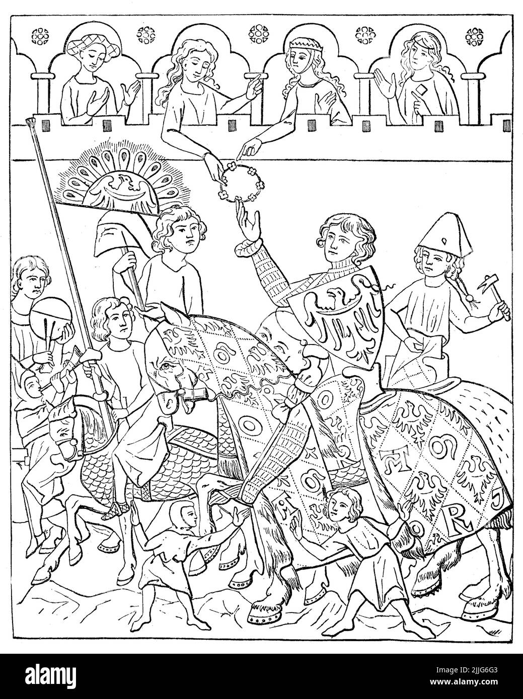 Kulturzustand im 13. und 14. Jahrhundert, Übergabe des Turnierpreises an den siegreichen Ritter, nach einem Holzschnitt in einer Minnesingerhandschrift  /  Cultural state in the 13th and 14th century, handing over the tournament prize to the victorious knight, after a woodcut in a Minnesinger manuscript, Historisch, historical, digital improved reproduction of an original from the 19th century / digital restaurierte Reproduktion einer Originalvorlage aus dem 19. Jahrhundert, genaues Originaldatum nicht bekannt, Stock Photo