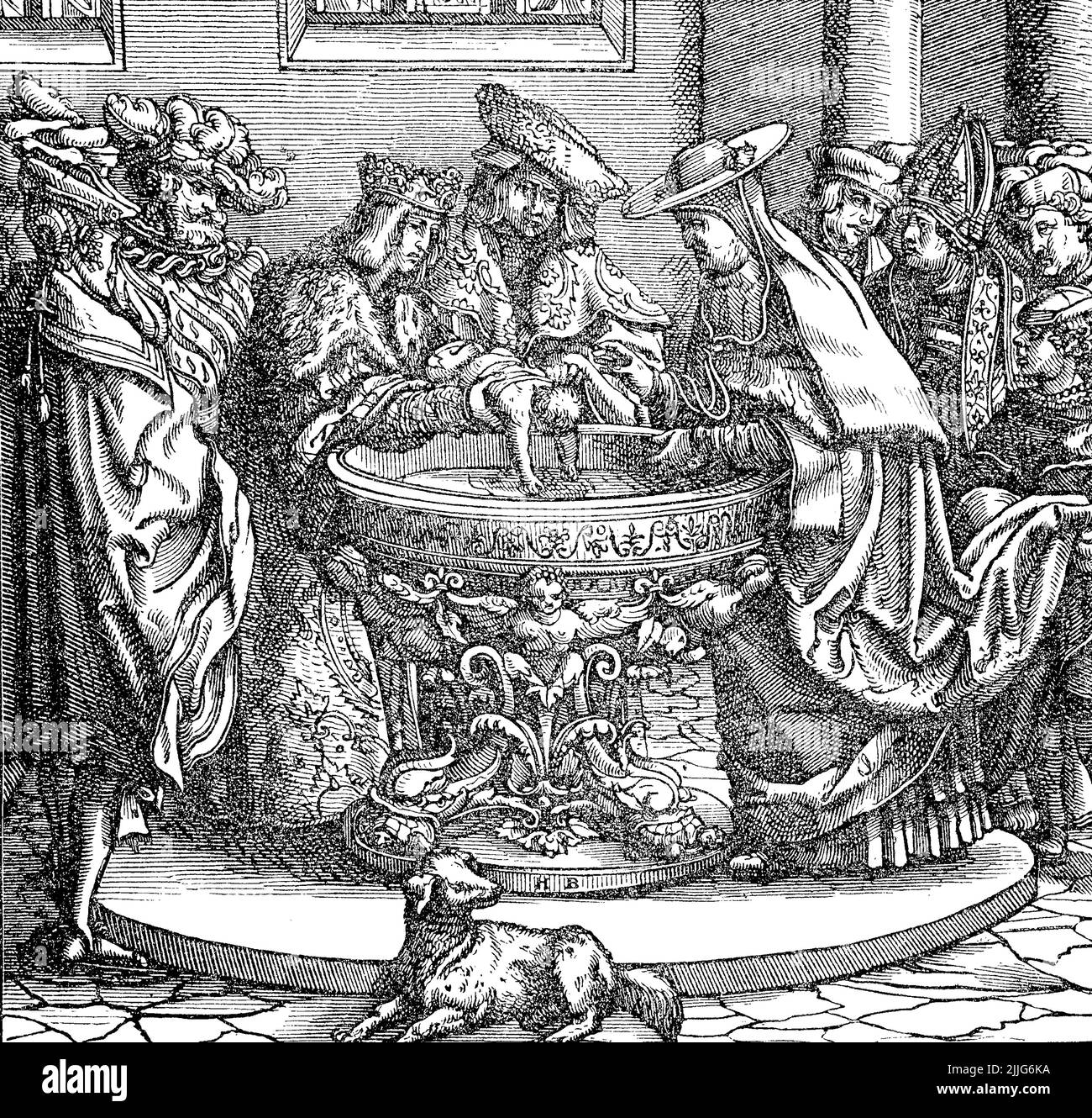 Kulturzustand im Ende des 15. und zu Angang des 16. Jahrhundert, Taufe eines Prinzen, nach einem Holzschnitt von Hans Burgmeier im Weiß-Kunig  /  Cultural state at the end of the 15th and beginning of the 16th century, baptism of a prince, after a wood engraving by Hans Burgmeier in the Weiß-Kunig, Historisch, historical, digital improved reproduction of an original from the 19th century / digital restaurierte Reproduktion einer Originalvorlage aus dem 19. Jahrhundert, genaues Originaldatum nicht bekannt, Stock Photo