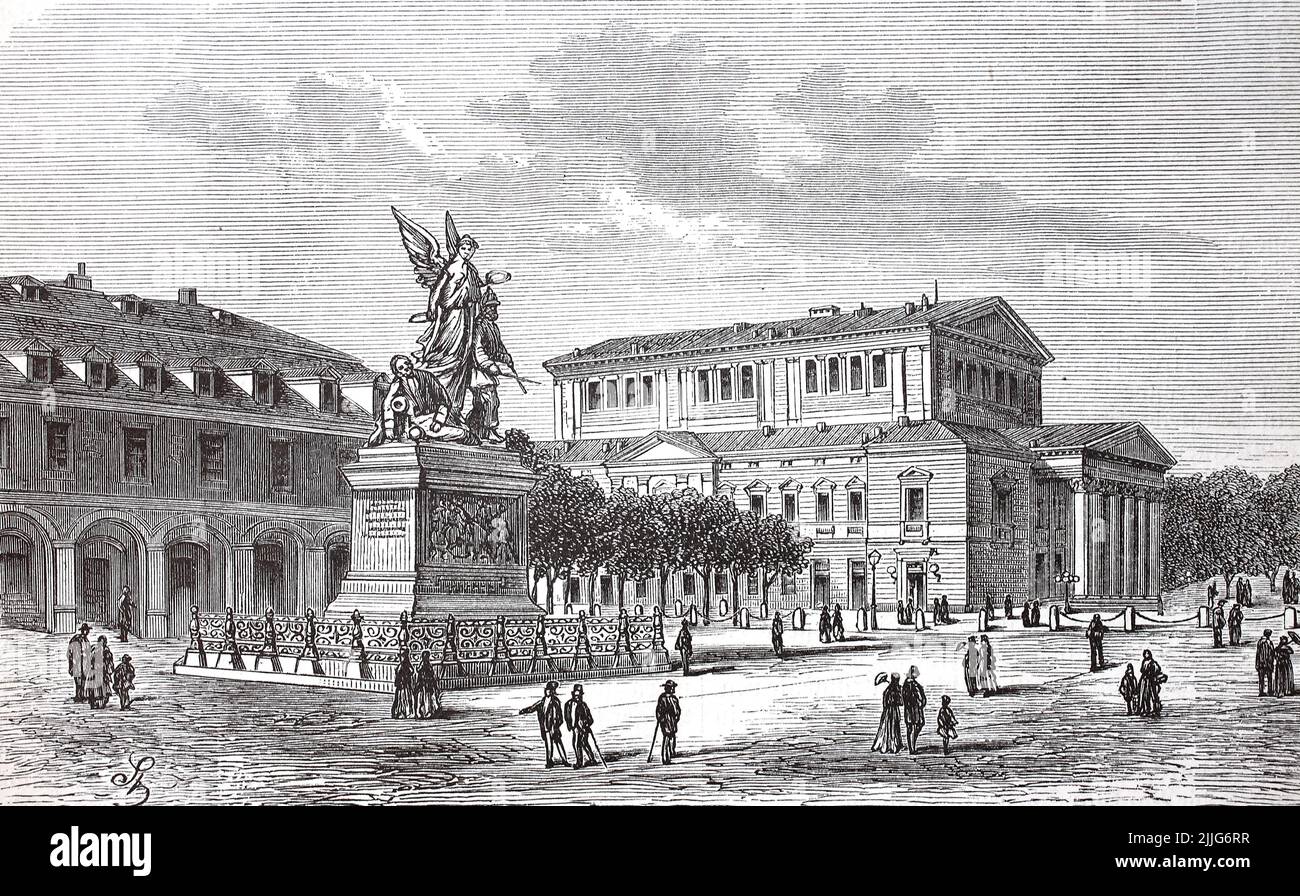 Das Hoftheater und das Landeskriegerdenkmal in Darmstadt im Jahre 1880, Hessen, Deutschland  /  The court theater and the state war memorial in Darmstadt in 1880, Hesse, Germany, Historisch, historical, digital improved reproduction of an original from the 19th century / digital restaurierte Reproduktion einer Originalvorlage aus dem 19. Jahrhundert, genaues Originaldatum nicht bekannt, Stock Photo