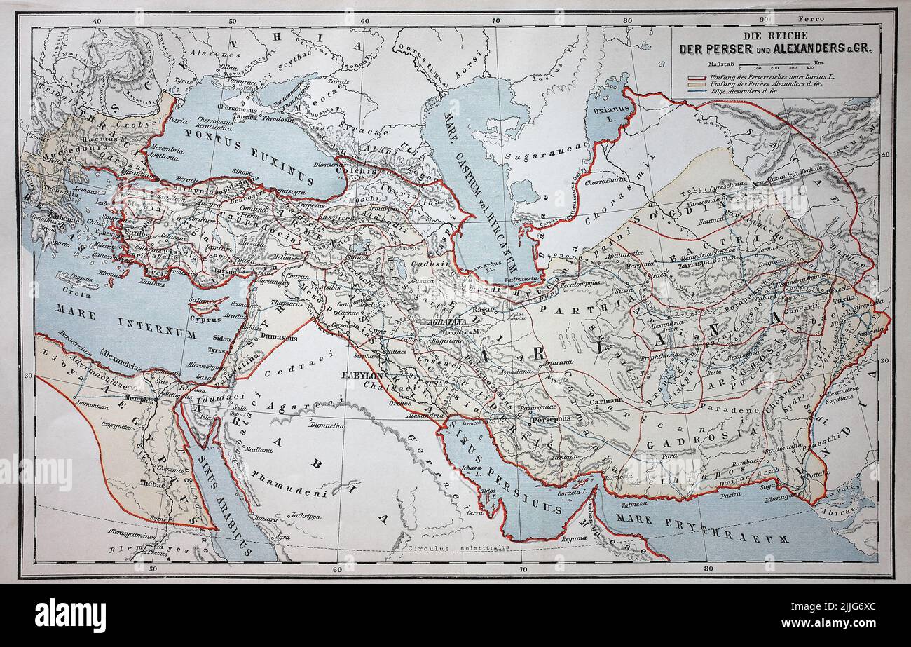 Landkarte von Persien zur Zeit Alexander der Große und Darius I., Iran  /  Map of Persia at the time of Alexander the Great and Darius I, Iran, Historisch, historical, digital improved reproduction of an original from the 19th century / digital restaurierte Reproduktion einer Originalvorlage aus dem 19. Jahrhundert, genaues Originaldatum nicht bekannt, Stock Photo