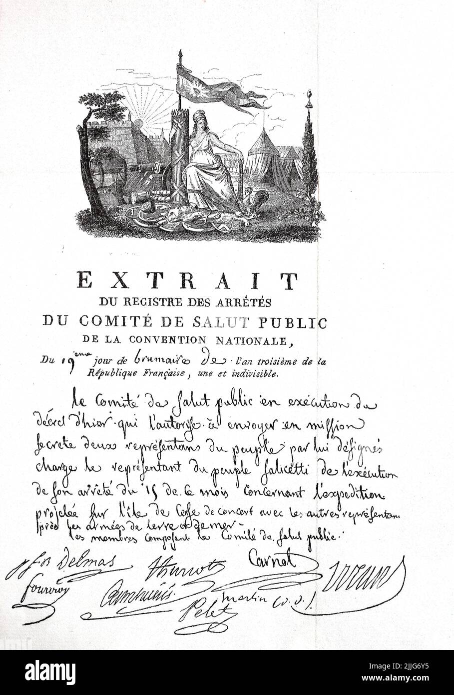 Faksimile eines Dekrets des Wohlfahrtsausschuß, dieser wurde am 5. und 6. April 1793 während der Französischen Revolution vom Nationalkonvent als Ausschuss der öffentlichen Wohlfahrt und der allgemeinen Verteidigung eingerichtet. Er diente als Exekutivorgan des Nationalkonvents  /  Facsimile of a decree of the Welfare Committee, this was established by the National Convention on April 5 and 6, 1793 during the French Revolution as the Committee of Public Welfare and General Defense. It served as the executive body of the National Convention, Historisch, historical, digital improved reproduction Stock Photo