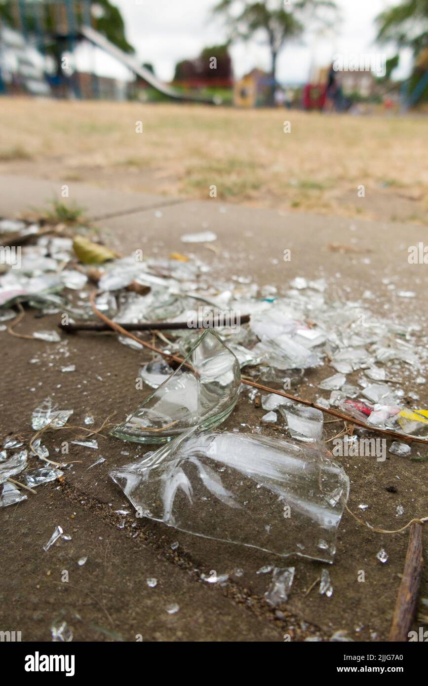 Broken glass bottle, left by vandal, in a children's child's playground