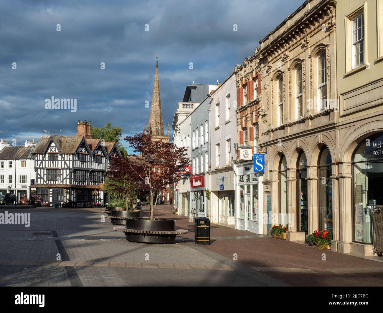 Looking along High Town to the historic Black and White House Museum in Hereford Herefordshire England Stock Photo