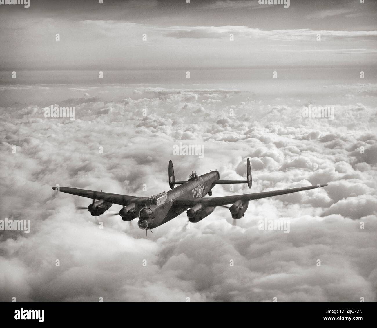 An Avro Lancaster B Mark III of No. 619 Squadron RAF based at Coningsby, Lincolnshire, in flight. A British four-engined heavy bomber adopted by the Royal Air Force (RAF) during World War Two. Stock Photo