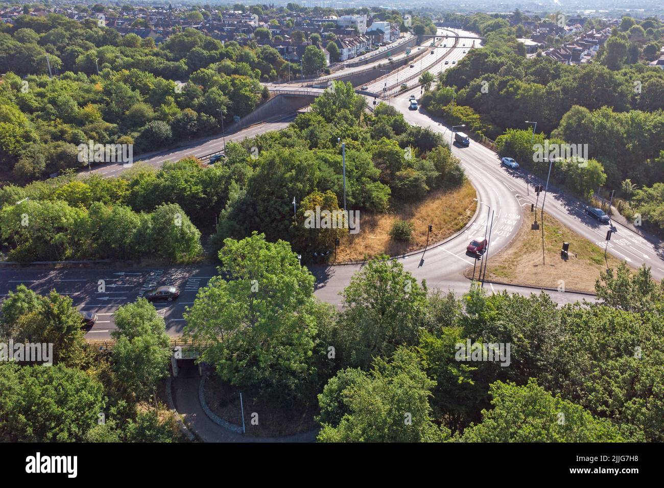 Aerial view of the waterworks roundabout in the morning sun looking east down the A406 into Woodford. London Stock Photo